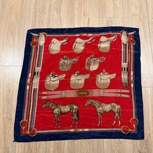 Vintage Equestrian Themed Red and Blue italian silk Scarf